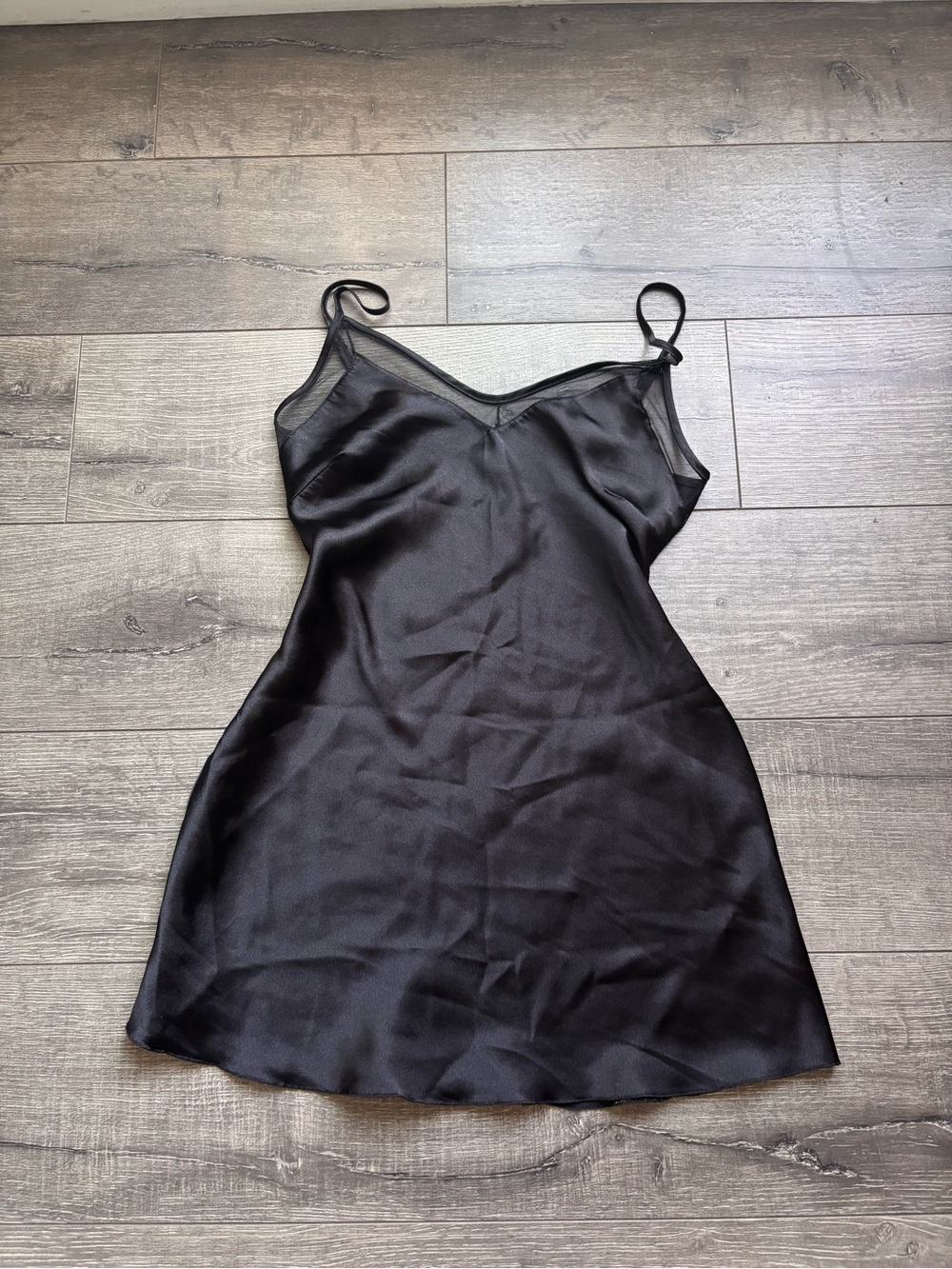Black Satin Slip sleep Dress with Sheer Trim